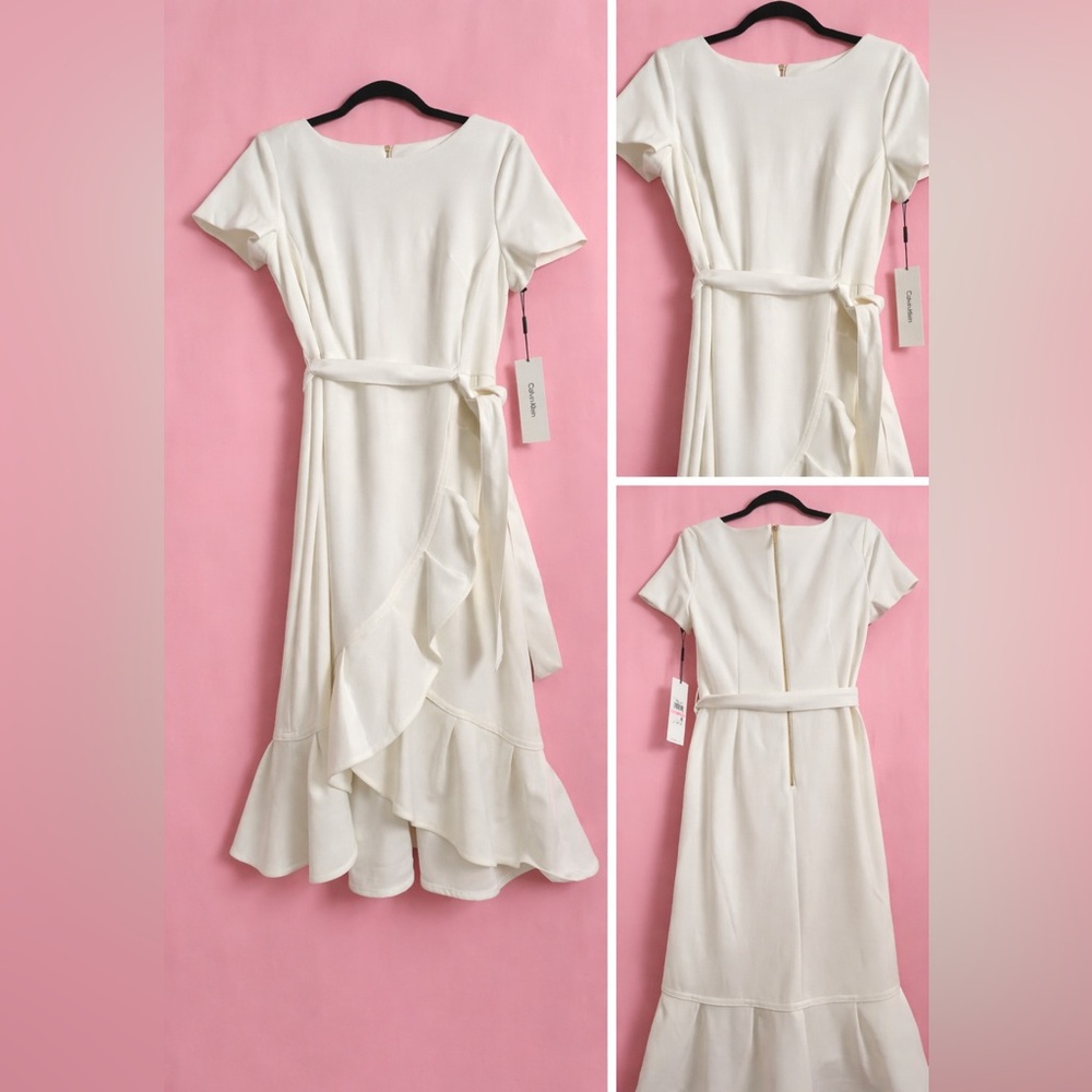 Calvin Klein Cream Ruffle Wrap High-Low Dress